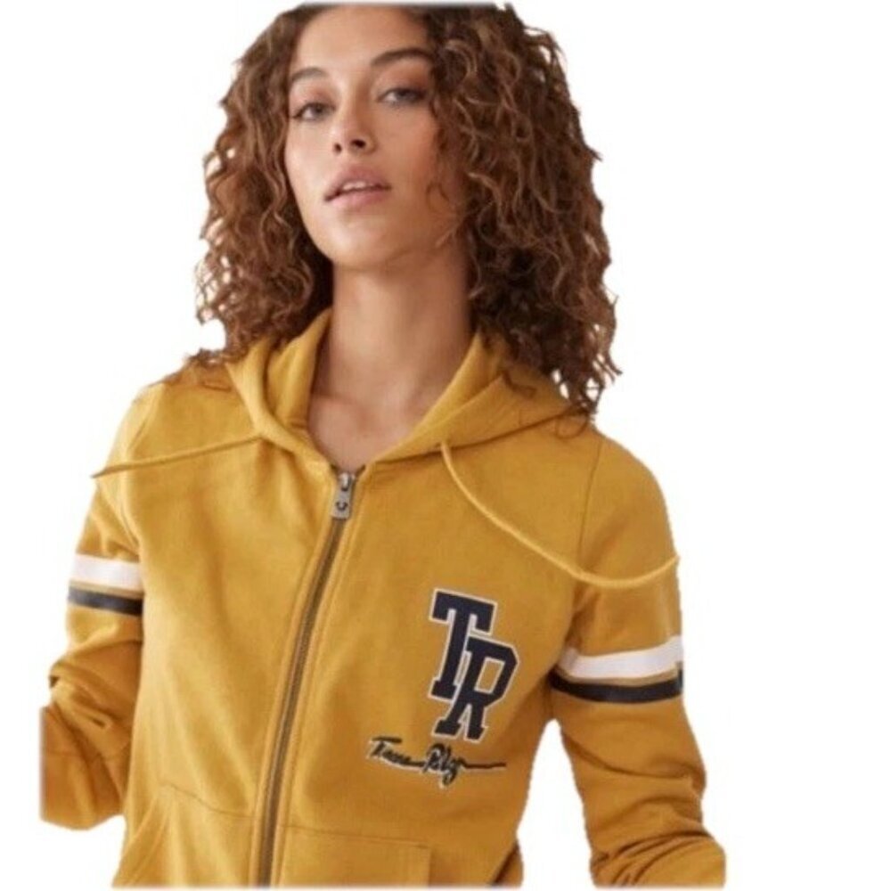 True Religion Women's Sz XS True Collegiate Zip Hoodie in Mustard Yellow Gold